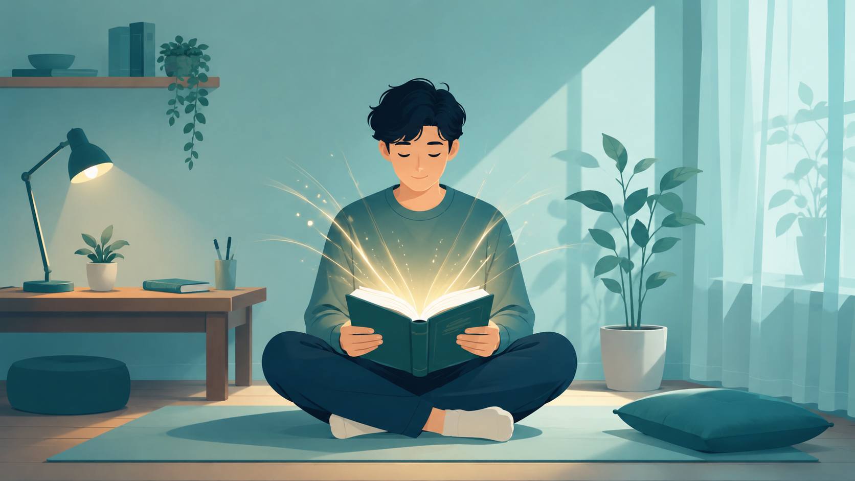 静かな環境で本を読みながら集中力を高めている人物のイラスト